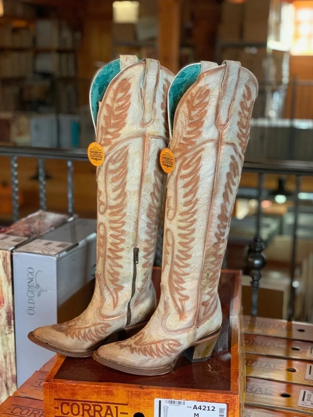 Corral Distressed Cream Copper Cognac Embroidery Tall Top Boots A4212